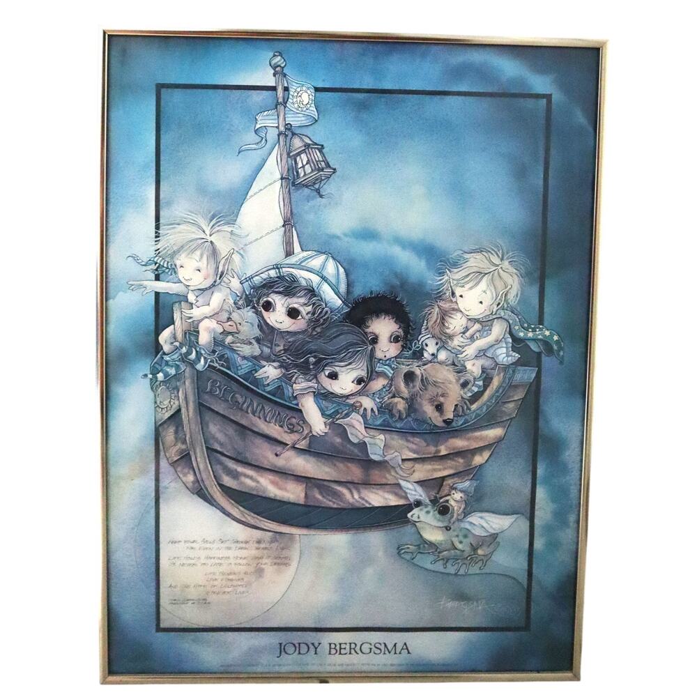 Jody Bergsma Framed Print Signed I Can Children Magic Big Eye Kid Boat Celestial